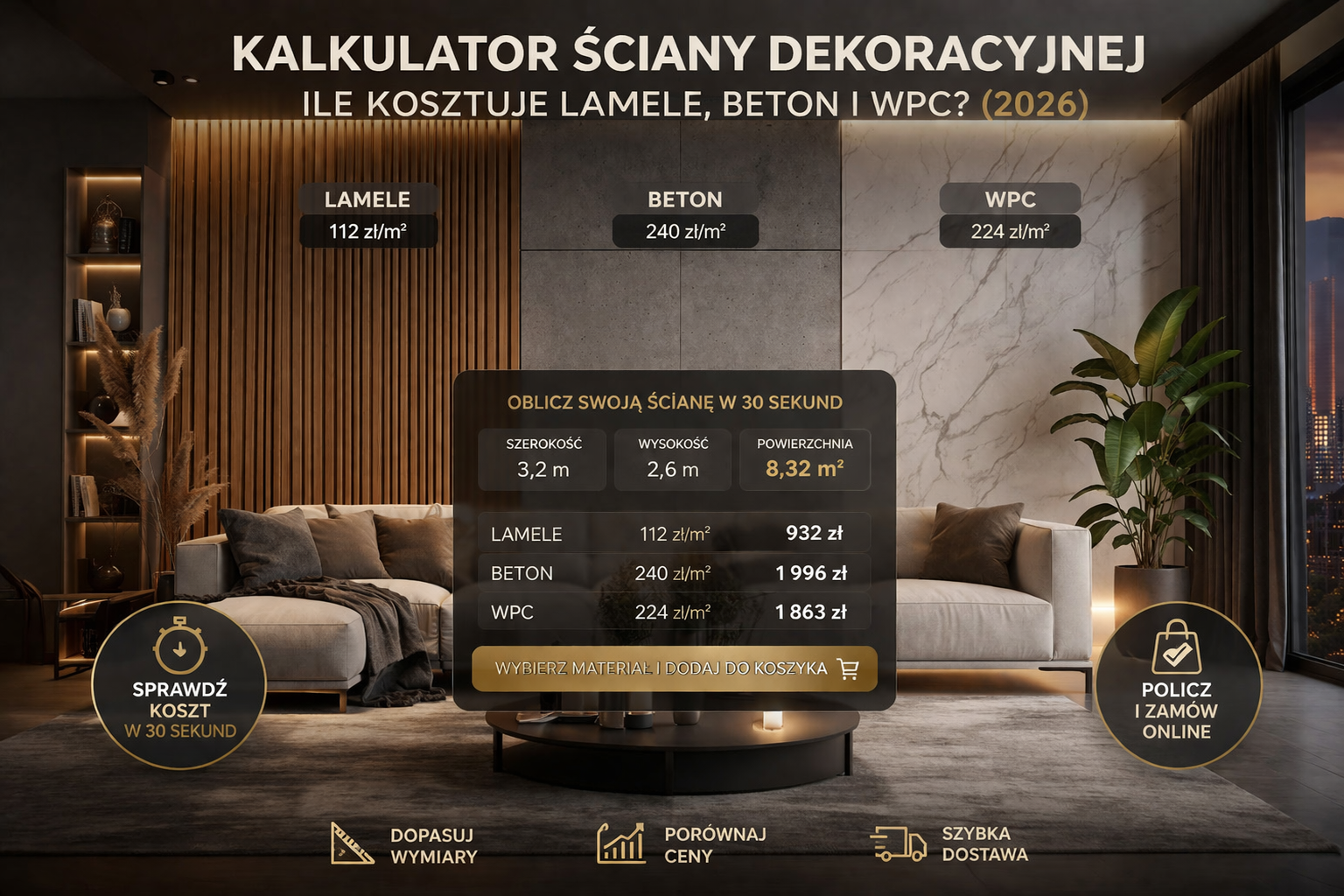 Kalkulator ściany dekoracyjnej — ile kosztuje lamele, beton i WPC? (2026)