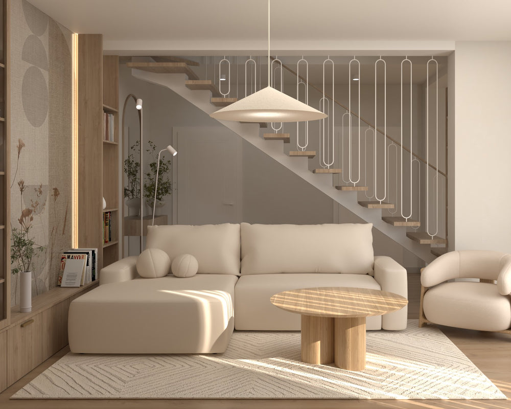 Mix materiałów — beton i drewno w sypialni