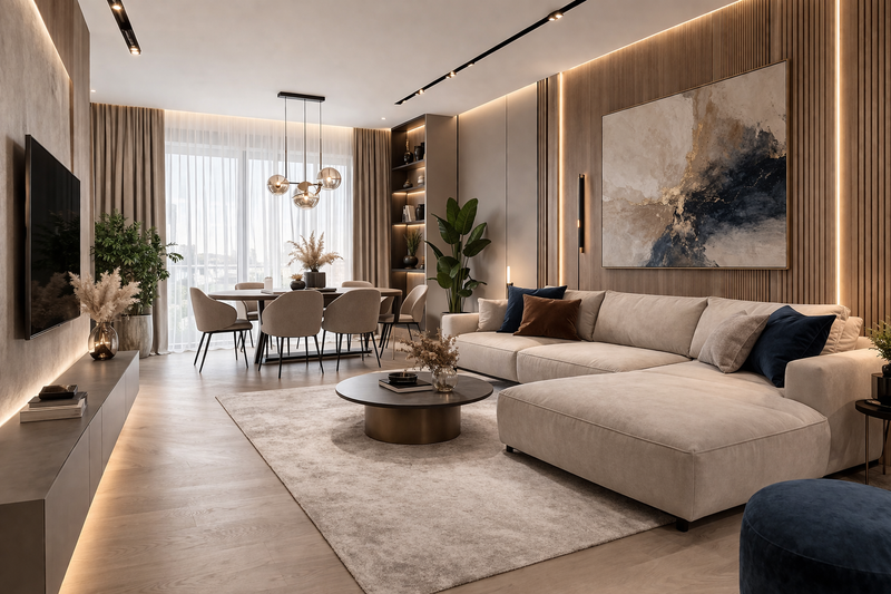 Salon japandi – aranżacja wnętrza w stylu japandi Elevante