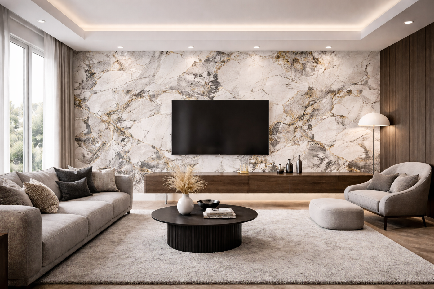 Ściana dekoracyjna WPC HD Marble Tundra w nowoczesnym salonie — Elevante