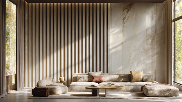 Lamele na filcu 12x28 mm kolor Kaszmir — ściana dekoracyjna w salonie — Elevante